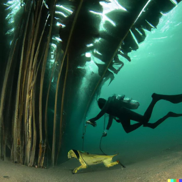Dog scuba diving, underwater banana trees.