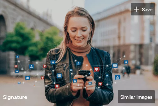 Woman using phone, social proof.