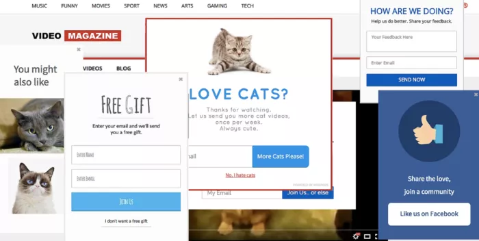Pop-up ads, free gifts, and social media.
