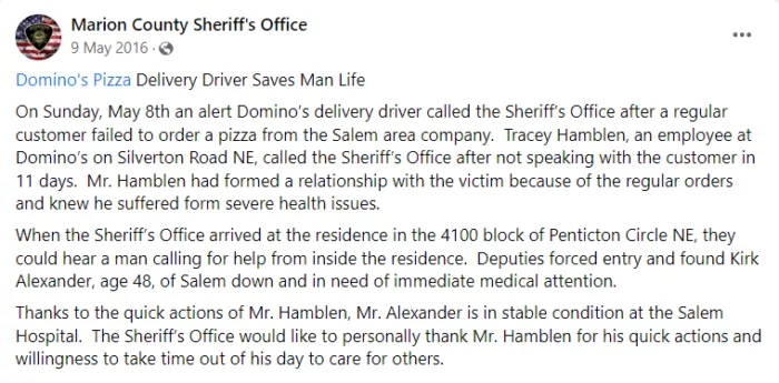 Domino's driver saves man's life.