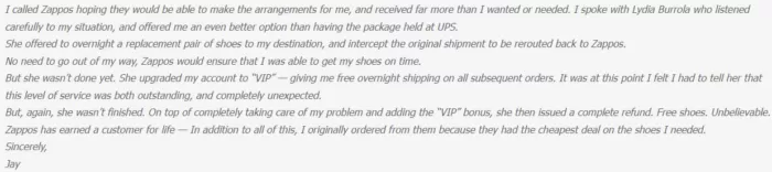 Customer praise for Zappos' excellent service.