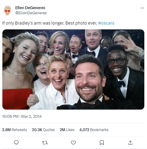 Celebrities group selfie, viral Oscars photo.