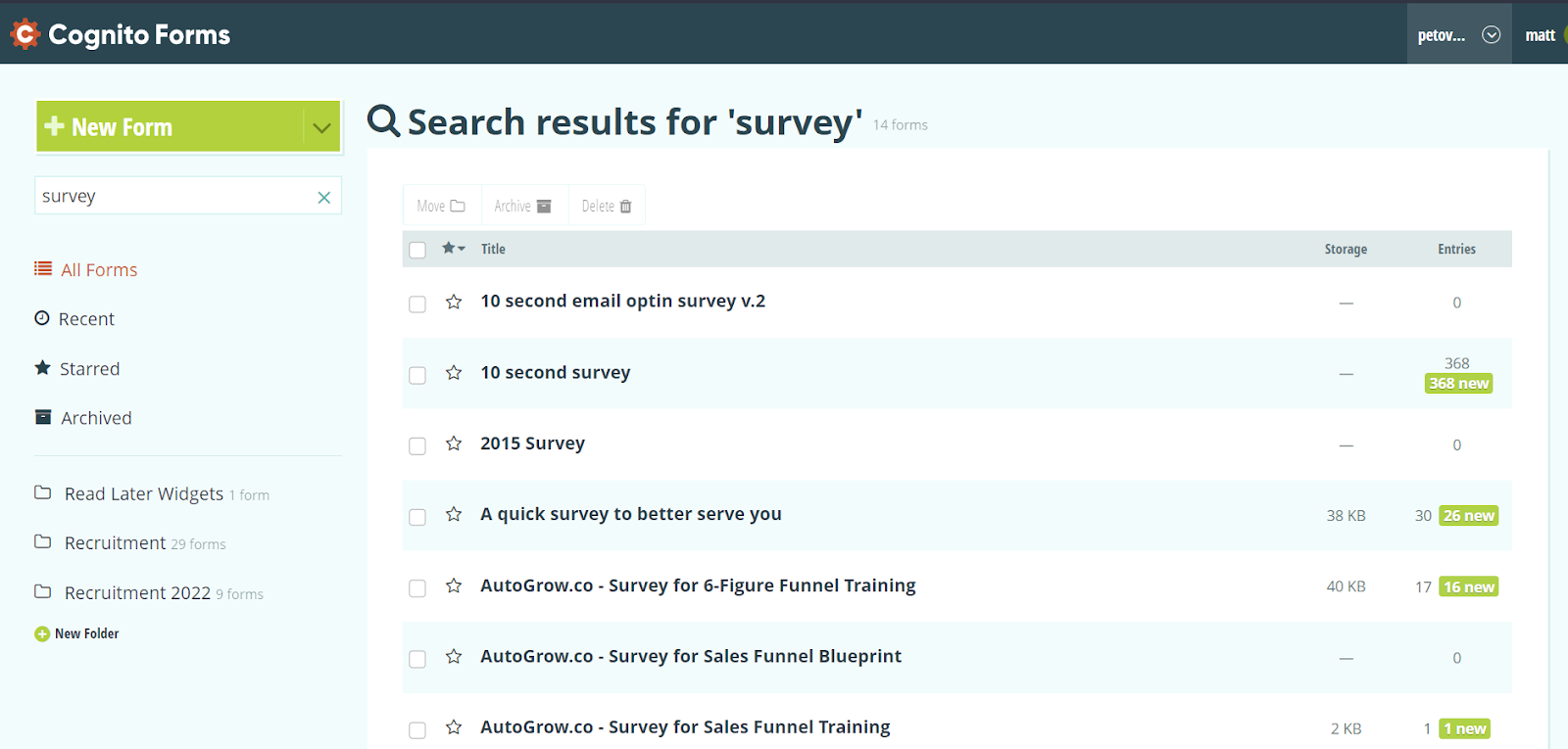 Cognito Forms survey list.
