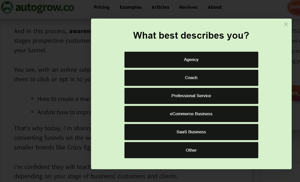 Business type selection survey.