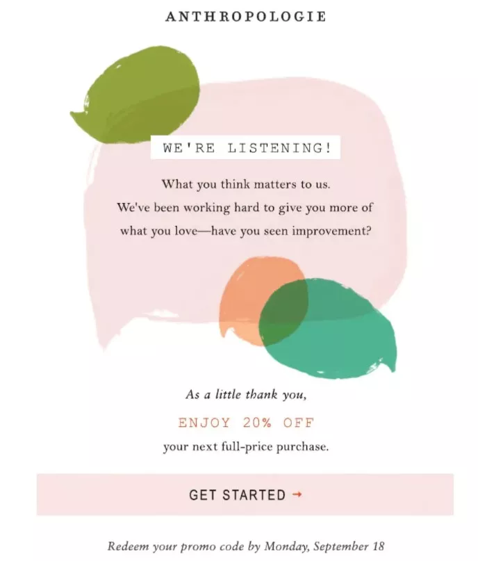 Marketing campaign; feedback sought; 20% off.