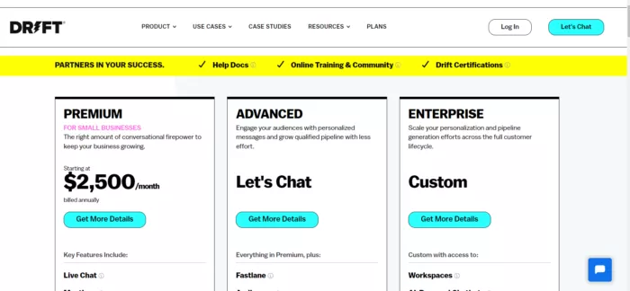 Drift pricing plans: Premium, Advanced, Enterprise.