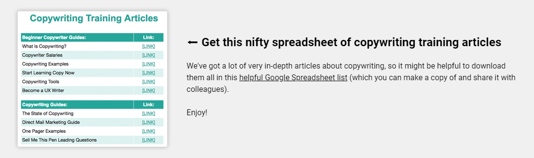 Copywriting training spreadsheet links.