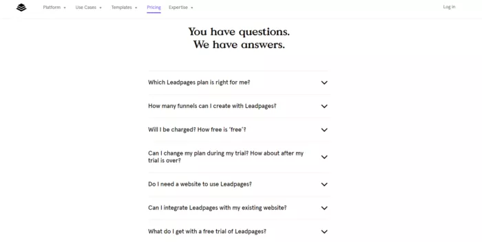 FAQ list about Leadpages.