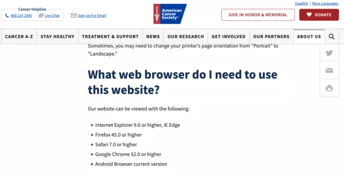 Web browser compatibility list.