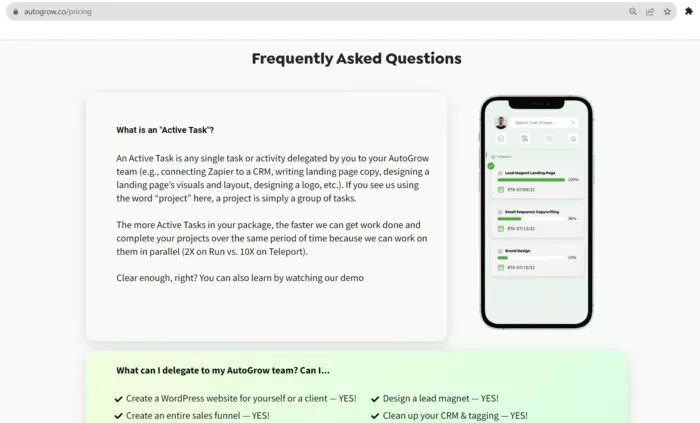 AutoGrow FAQ page, pricing, and tasks.
