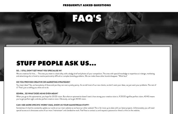 FAQ page with creative answers.
