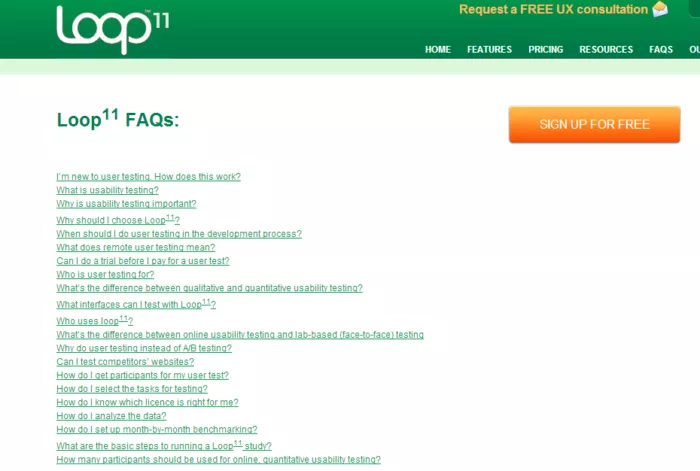 Loop11 FAQ page with questions.