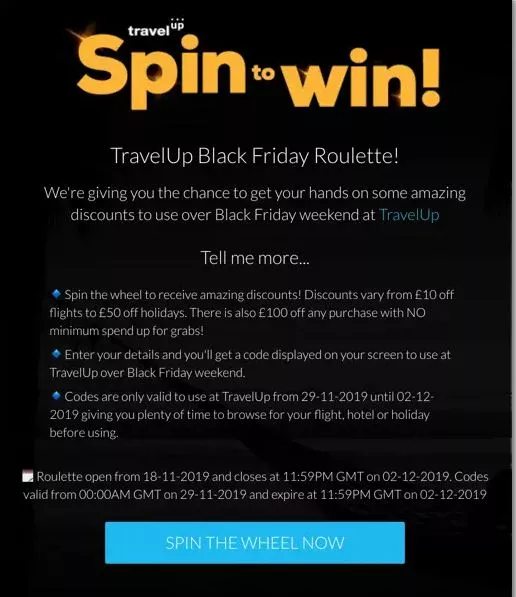 TravelUp Black Friday spin to win.