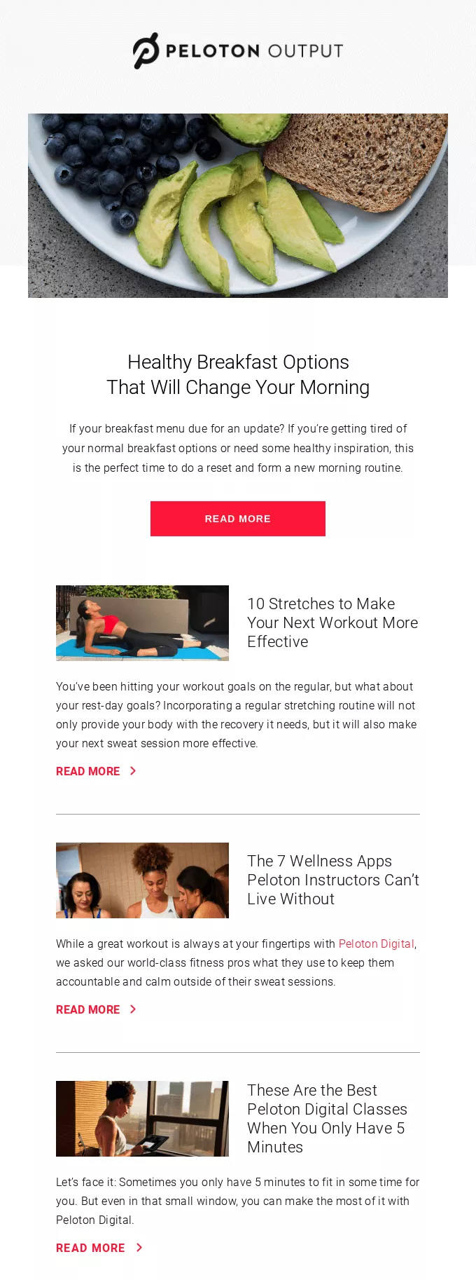 Healthy breakfast, stretches, fitness apps.
