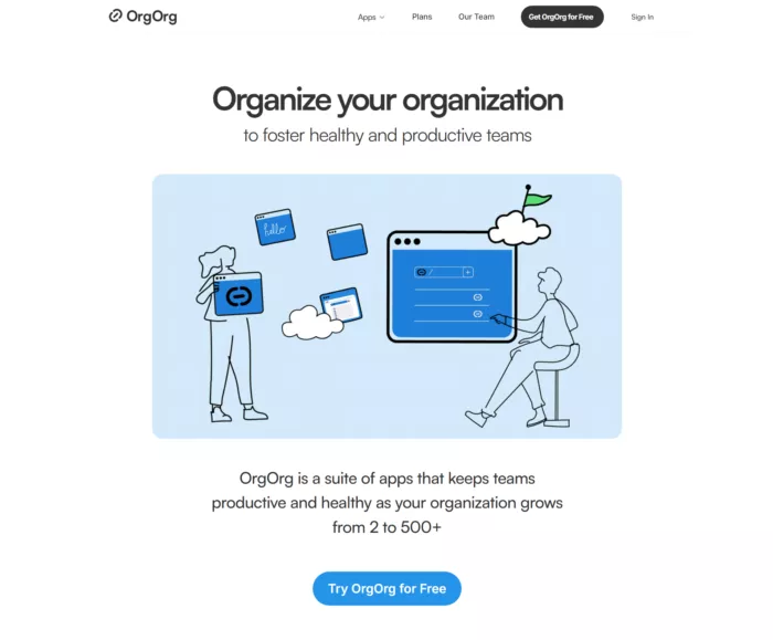 Team organization app, scales 2-500+.