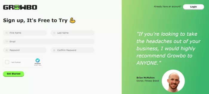 Free trial sign-up form for Growbo.