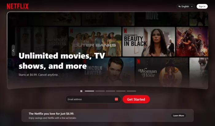 Netflix homepage, unlimited movies.
