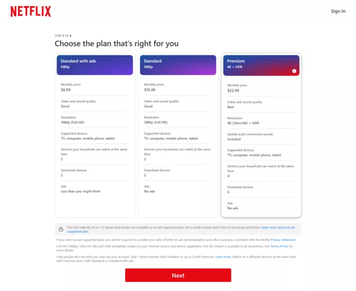 Netflix subscription plan options.
