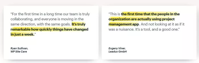 Customer testimonials on Basecamp.