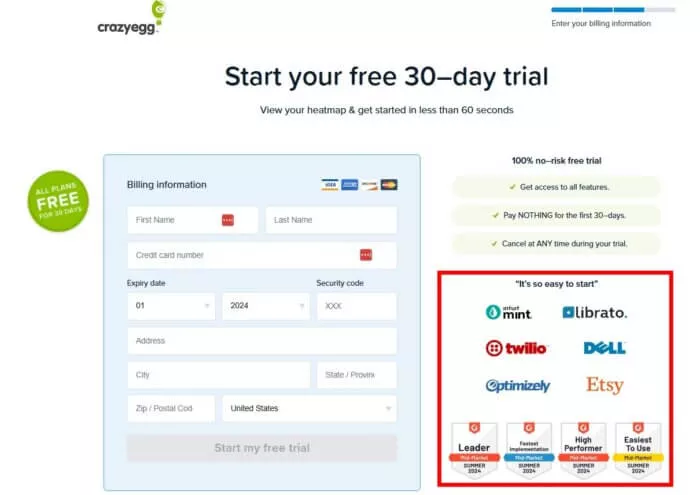 Crazy Egg pricing, 30-day free trial.
