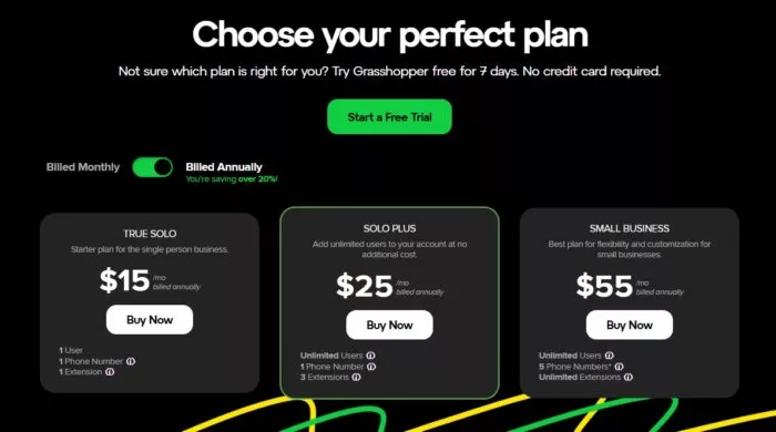 Grasshopper phone plan pricing options.