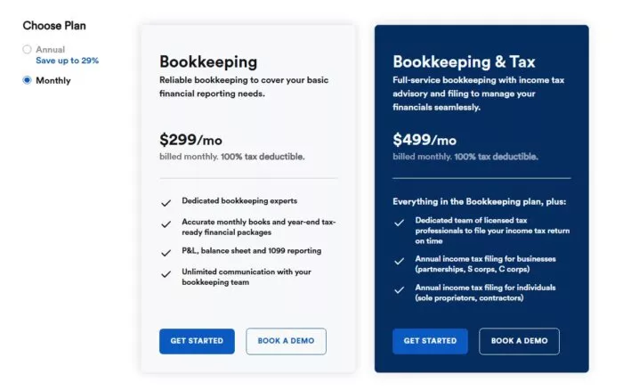 Bench.co pricing plans: bookkeeping & tax.