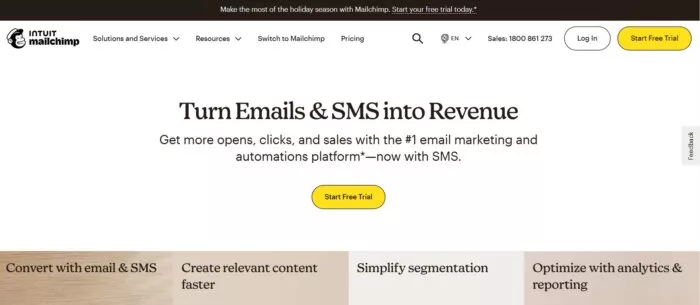 Mailchimp homepage, freemium option.