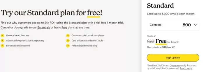 Mailchimp Standard plan pricing.