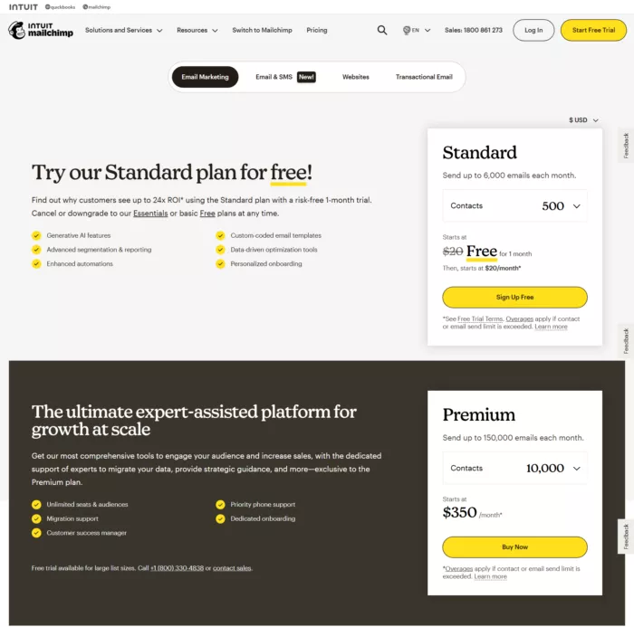 Mailchimp pricing plans, free trial.