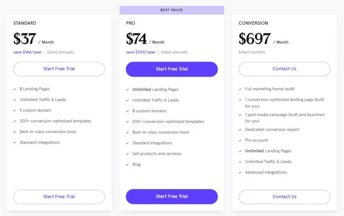 Pricing plans for landing pages.