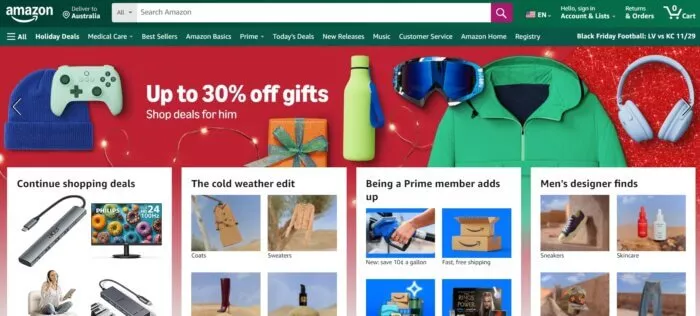 Amazon homepage, holiday deals.