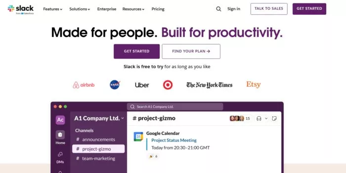Slack homepage, team communication.