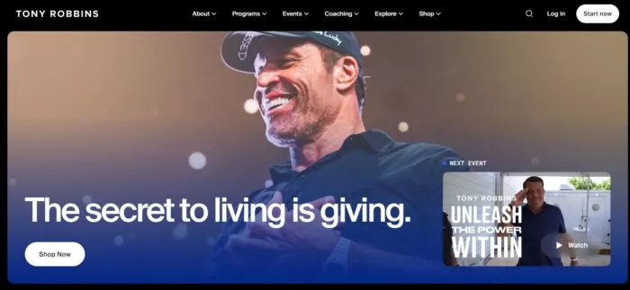 Tony Robbins homepage, motivational speaker.