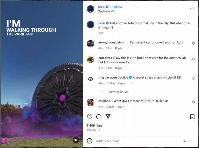 Giant Oreo in a park. High engagement.