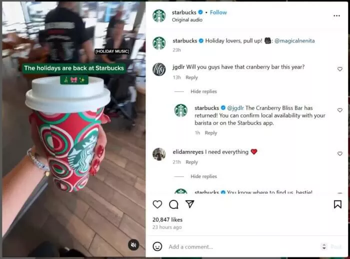 Starbucks holiday cup, red and green.