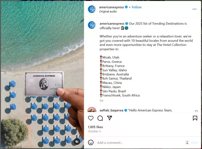 Amex credit card, world destinations.