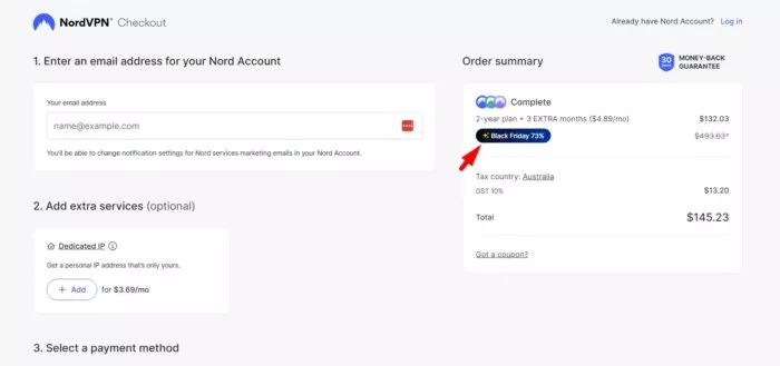 NordVPN checkout order summary.