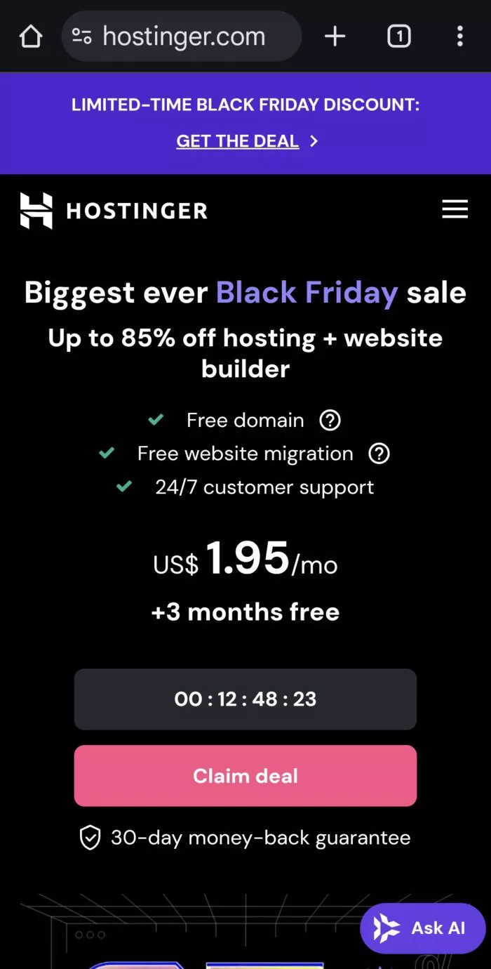 Hostinger Black Friday sale. Up to 85% off.