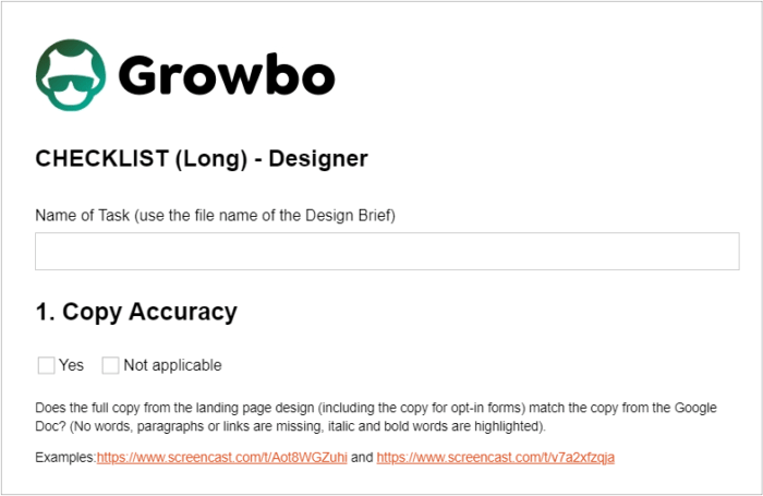 Sample QA cheklist question about copy