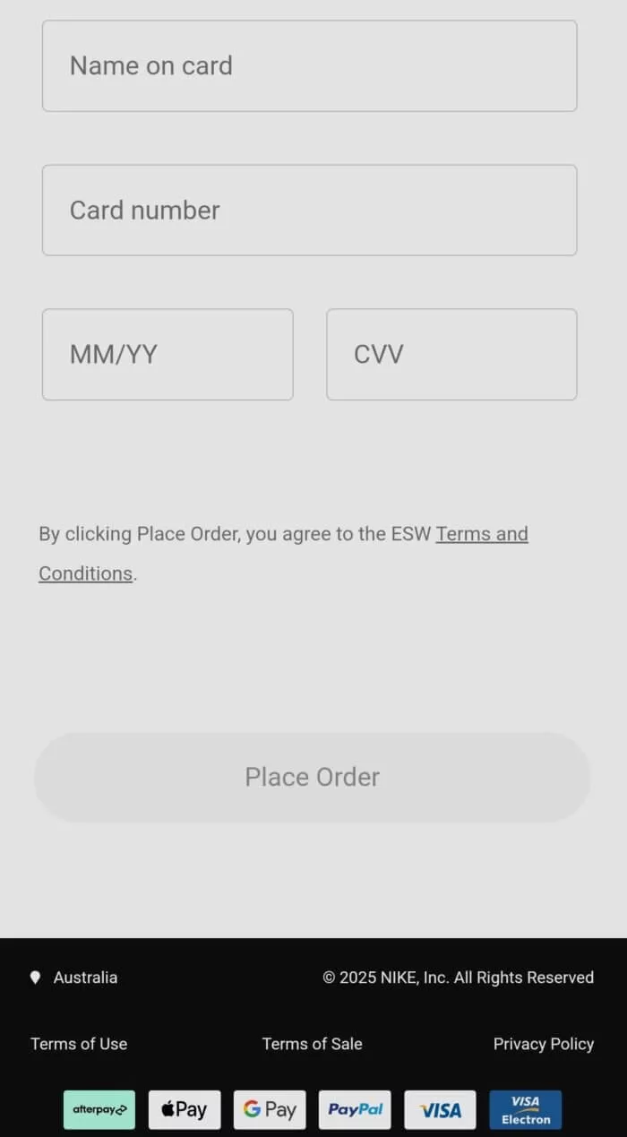 mobile nike checkout page bottom