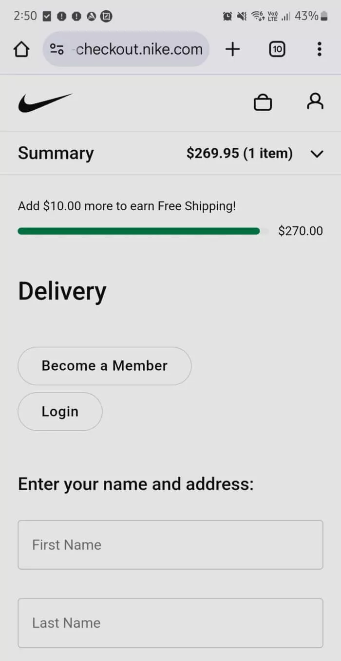 mobile checkout nike page top