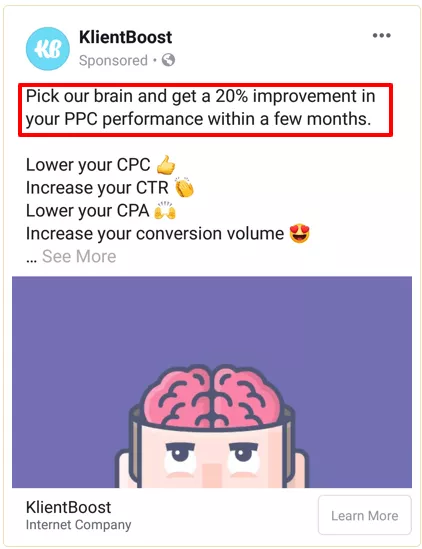 example of fb ad with value proposition in front and centre