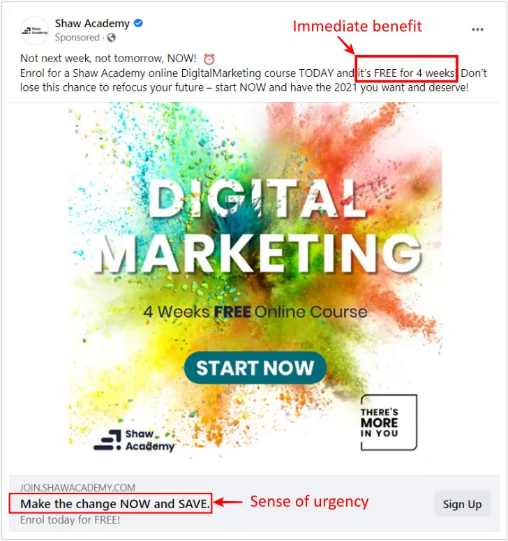 facebook add withsence of urgency copy