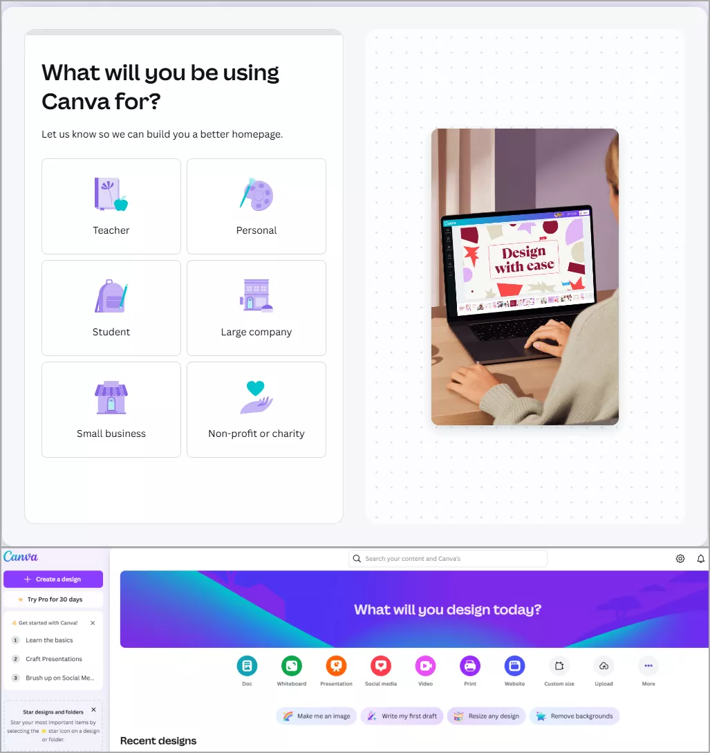 first two steps in canva onboarding