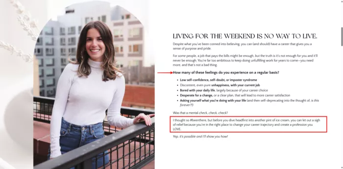 example of coach landing page showing pain points