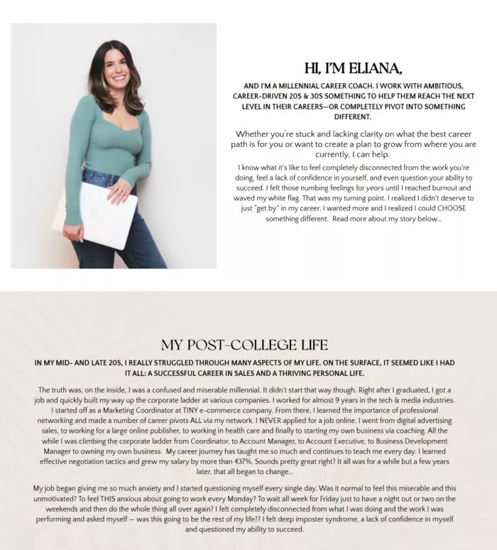 example of coach landing page - about page