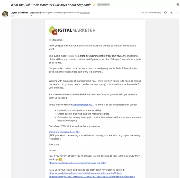 example of followup email after quiz