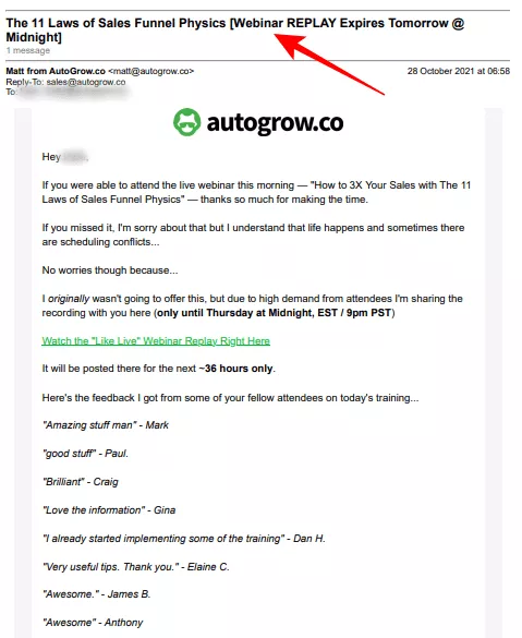 example of compelling subject line for the post webinar email