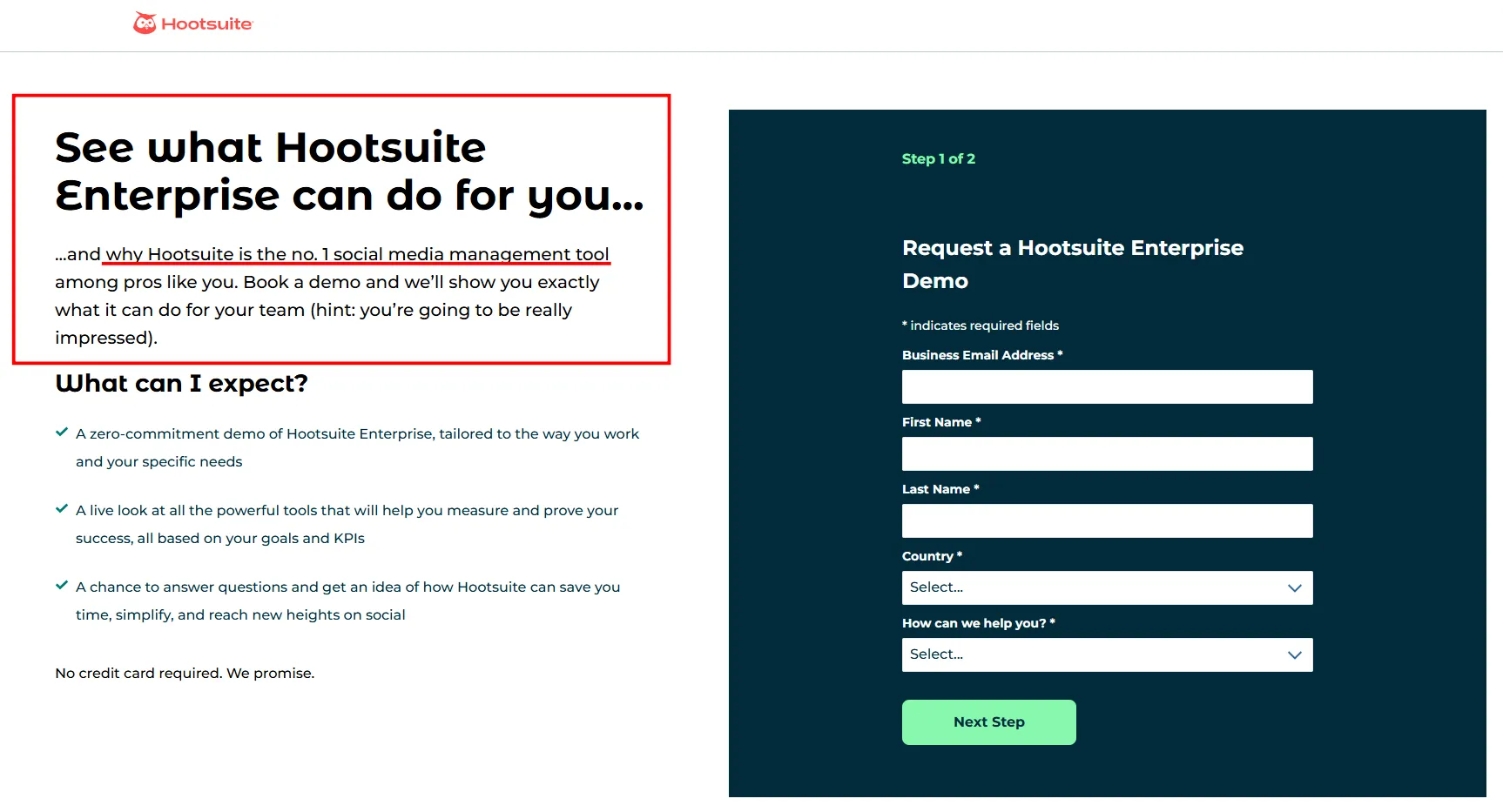 example of strong value proposition on the request demo page