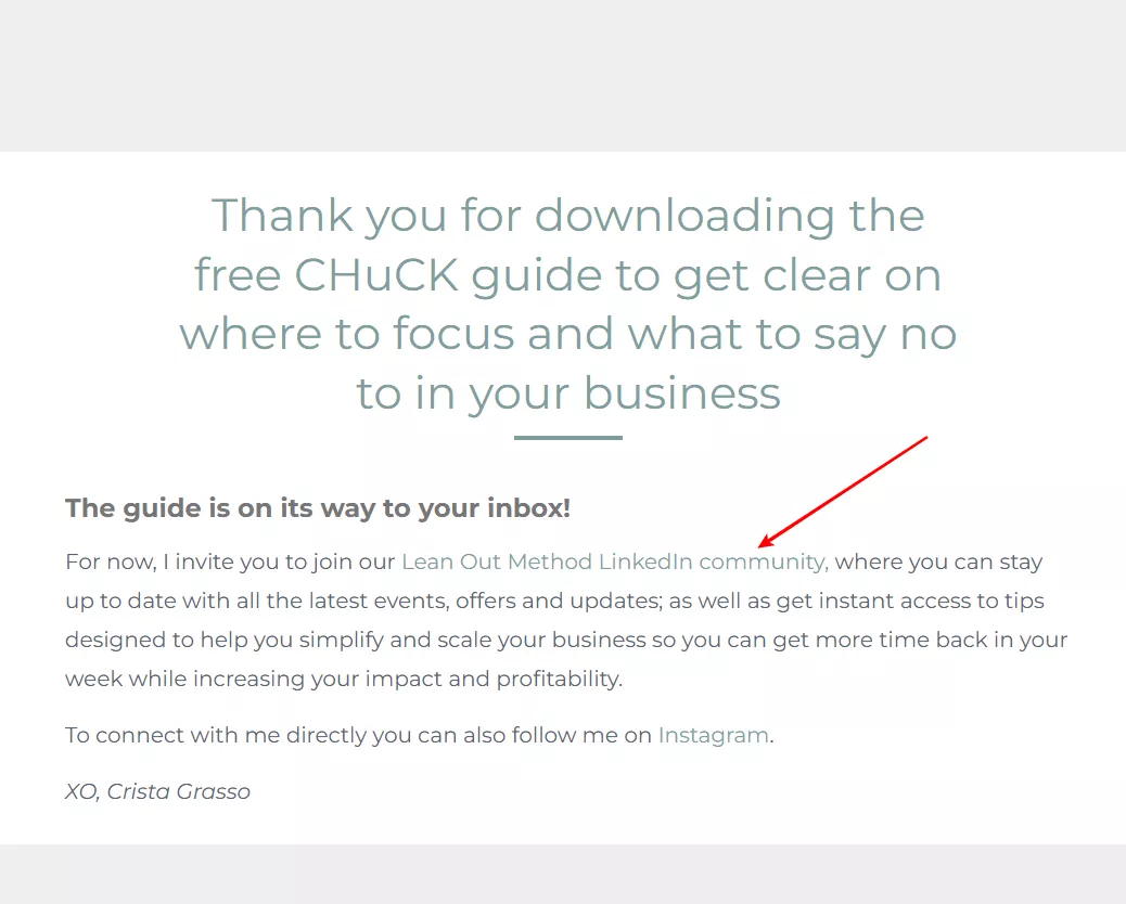 example of thank you page linking clients with others